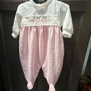 Vintage Little Me Pink & white baby onesie with lace trim embroidered